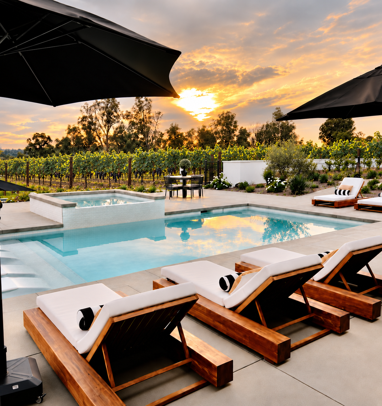 AI-edited view of Victoria Row Vineyard with trellised grapevines beyond the pool and terraces at sunset